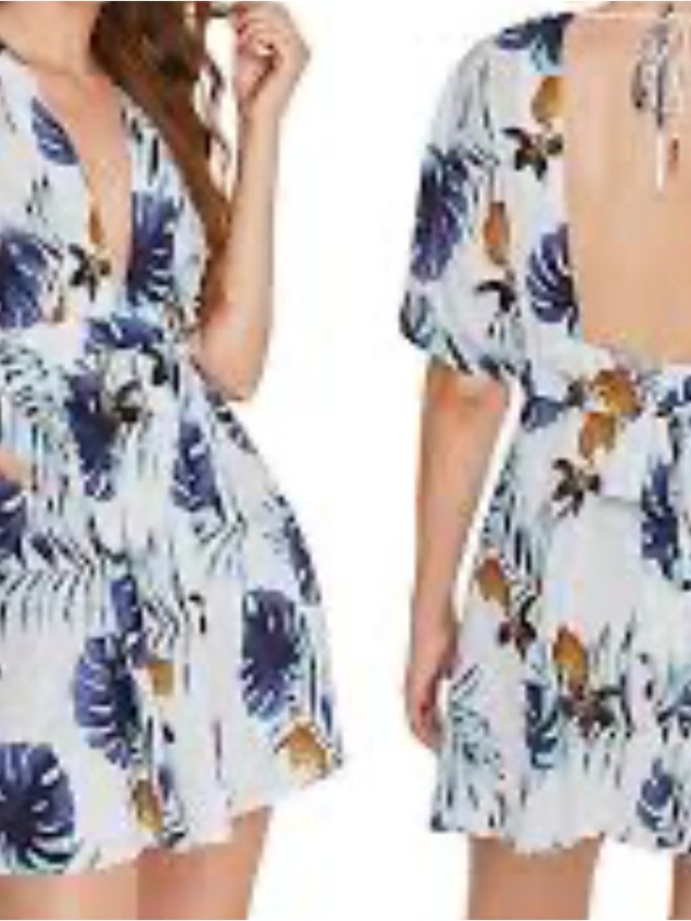 Tropical Floral V-Neck Mini Dress in White and Navy